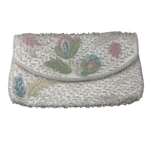 Andre Cellini Vintage Beaded Floral Clutch Cream Satin Evening Bag Pastel Floral